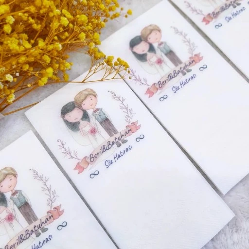 Yeşil Çiçek Baskılı Garson Peçete Beyaz Kişiye Özel