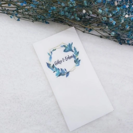 Yeşil Çiçek Baskılı Garson Peçete Beyaz Kişiye Özel