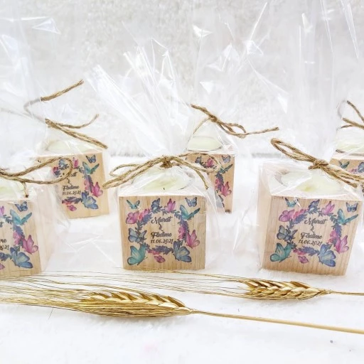Ahşap Mumluk Bebek Şekeri Kelebek Uv Baskılı Kalp Desen 5x5