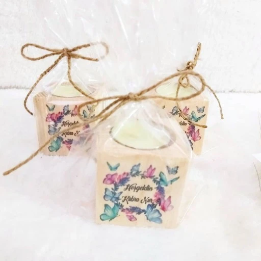 Ahşap Mumluk Bebek Şekeri Kelebek Uv Baskılı Kalp Desen 5x5