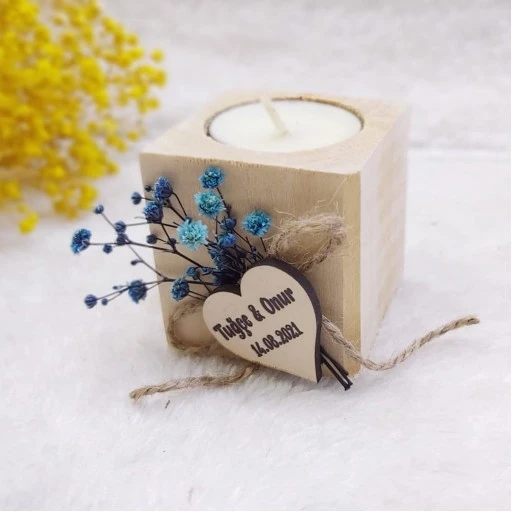 Ahşap Mumluk Kuru Çiçek Süslü Nikah Hediyelik