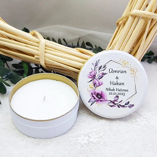Metal Kutuda Mum Uv Baskılı Nikah Şekeri Hediyelik