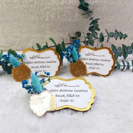 Kuru Çiçekli Krem Ahşap Üzeri Nikah Nişan Söz Magnet Nikah Şekeri