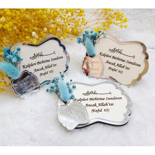 Kuru Çiçekli Krem Ahşap Üzeri Nikah Nişan Söz Magnet Nikah Şekeri