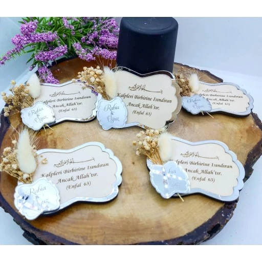 Kuru Çiçekli Krem Ahşap Üzeri Nikah Nişan Söz Magnet Nikah Şekeri