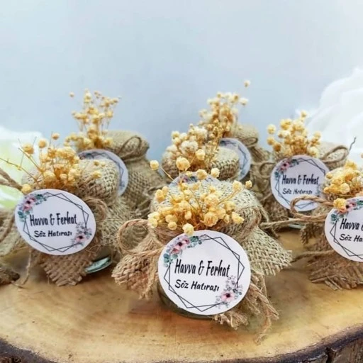 40 Cc Balkavanozu İçi Mumlu Kuru Çiçek Süslü Hasır Detaylı Nikah Şekeri, Söz Nişan Hediyesi