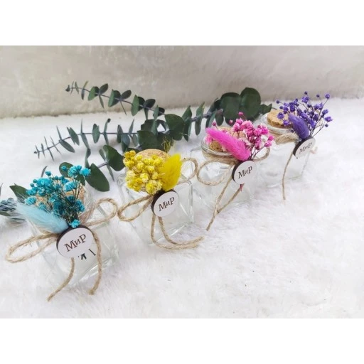 Lavantalı Kuru Çiçekli 50cc Mantar Tıpalı Kare Şişesi Söz Nişan Hediyeliği