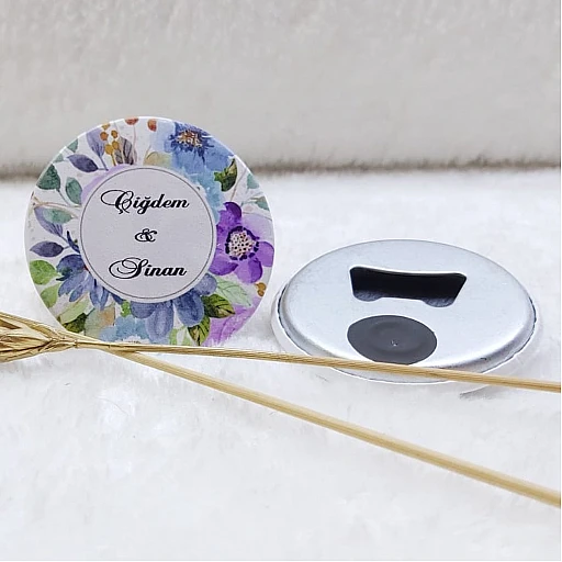 Açacak Magnet Nikah Hediyeliği Mavi Mor Çiçek Uv Baskılı