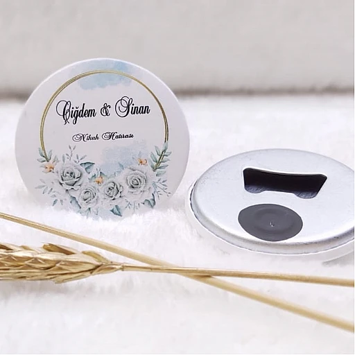 Açacak Magnet Nişan Hediyeliği Mavi Beyaz Çiçek Uv Baskılı