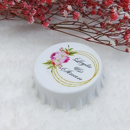 Altın Çiçek Baskılı Kapak Açacak Uv Baskılı Nişan Hediyeliği Nikah Şekeri 6 cm