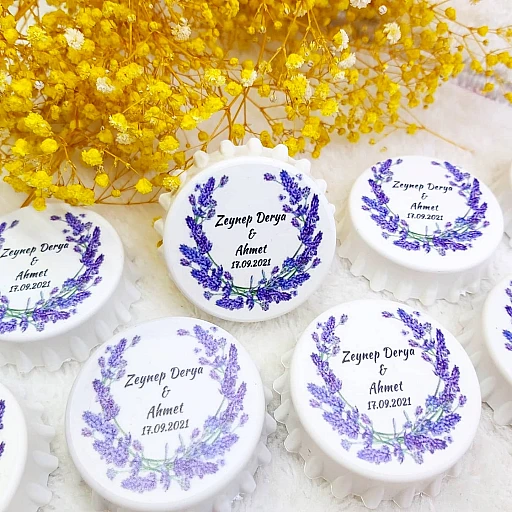 Lavanta Çiçek Baskılı Kapak Açacak Uv Baskılı Nişan Hediyeliği Nikah Şekeri 6 cm
