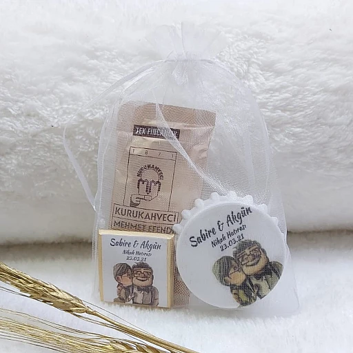Tül Kese İçinde Kapak Açacak Madlen Çikolata Ve Türk Kahvesi Nikah Şekeri Nişan Hediyeliği