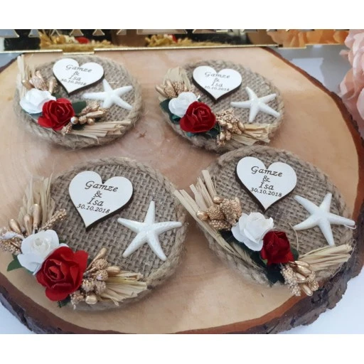 Deniz Yıldızlı Hasır Tabla Üzeri Ahşap İsimli Nikah Şekeri