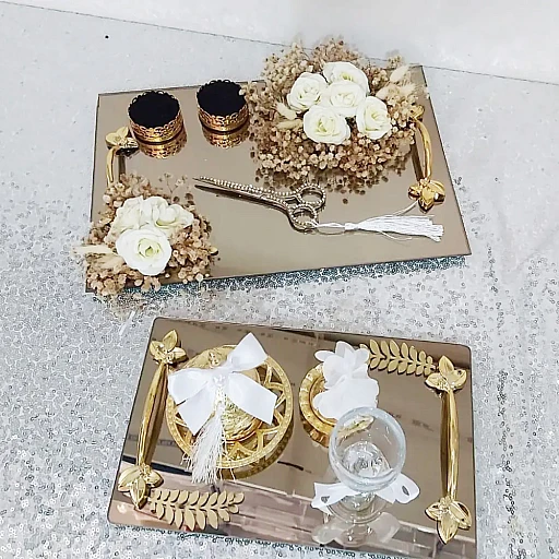 2 Lü Set Kare Aynalı Tepsi Yaprak Desenli Söz Nişan Yüzük Tepsisi Ve Damat Kahve Seti
