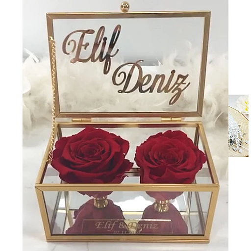 Solmayan Güllü Çift Çiçekli Yüzük Kutusu Söz Nişan