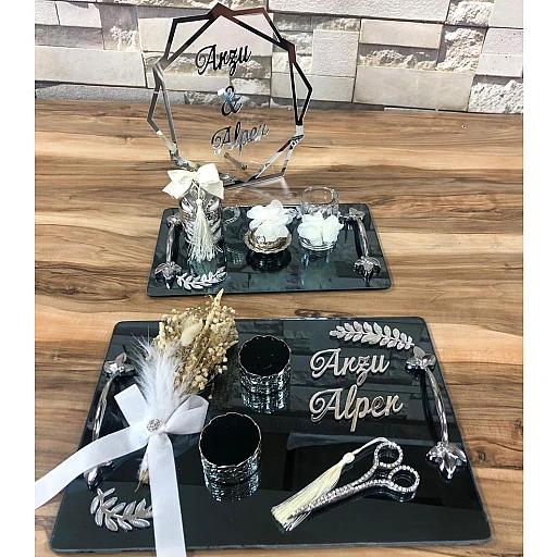 3 Lü Set Dev Kampanya Aynalı Tepsi Yaprak Desenli Söz Nişan Yüzük Tepsisi Ve Damat Kahve Takımı Ve Altıgen İismlik Şeffaf Dev Kampanya