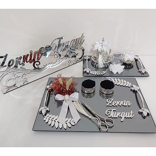 3 Lü Set Tepsi Yaprak Desenli Söz Nişan Tepsisi Ve Damat Kahve Takımı Ve Masa Üstü İsimlik Dev Kampanya