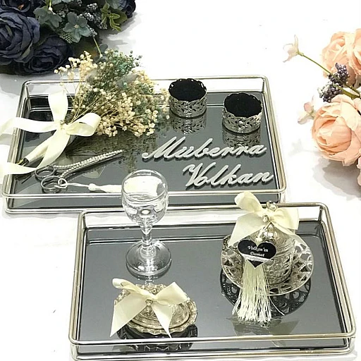 Dikdörtgen Metal Aynalı Söz Nişan Yüzük Tepsisi Ve Damat Kahve Takımı Set
