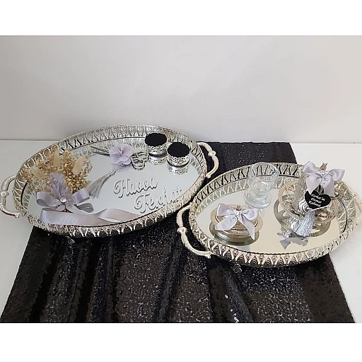 İşlemeli Oval Tepsi Söz Nişan Yüzük Tepsisi Ve Damat Kahve Takımı İkili Set