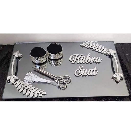 Kare Aynalı Tepsi Yaprak Desenli Söz Nişan Yüzük Tepsisi Sade Model