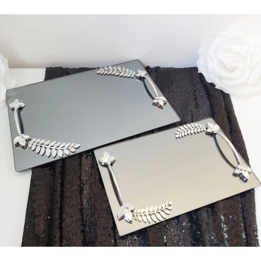 Yaprak Motifli Dikdörtgen Aynalı Söz Nişan Tepsisi Ve Damat Kahve Tepsisi 2 Li Set