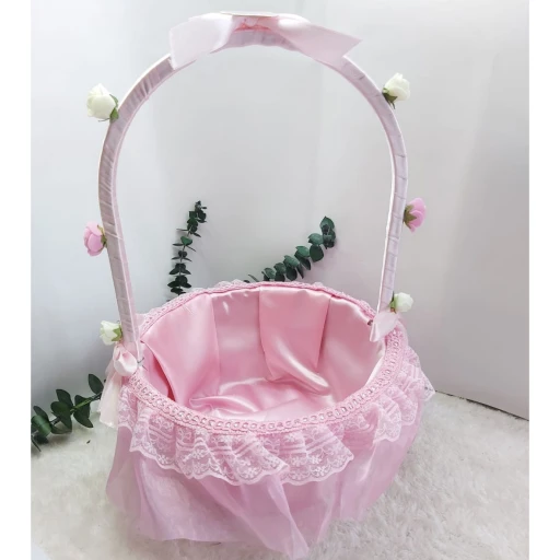 Sepet Yuvarlak Uzun Saplı Pembe Süslü