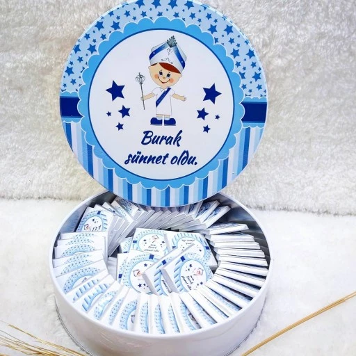 Sünnet Çocuğu Baskılı Sünnet Çikolatası Metal Kutuda Uv Baskılı Madlen Çikolata