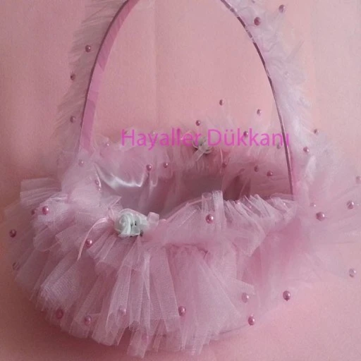Pembe Tüllü Bebek Şekeri Sepeti