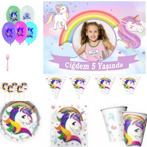 Unicorn Afiş Hediyeli Ekonomik Doğum Günü Süsleri Masa Seti Parti Seti Full Set 8 Kişilik Fotoğraflı
