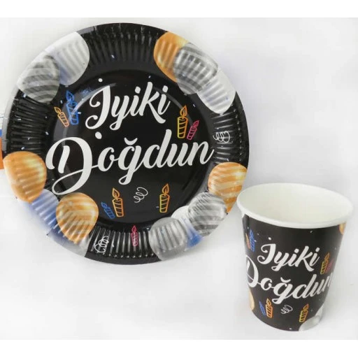 Tabak Karton İyiki Doğdun Balonlu Siyah 23 cm 8'lı
