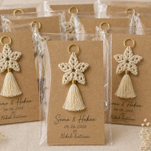 20 Adet Kraft Kağıt Üzeri Makrome Yıldız Anahtarlık Söz Nişan Nikah Hediyelik