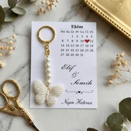 Takvim Baskılı Kelebek Anahtarlıklı Söz Nişan Nikah Kına Hediyelik 